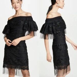 NWT Costarellos Black Edine Sequin Tulle Off Shoulder Dress Luxury Midi L $1,995